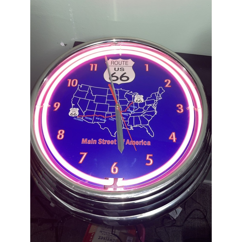 Y2K Route 66 Main Street of America Neon Clock Approximately 15" Round 3" Deep